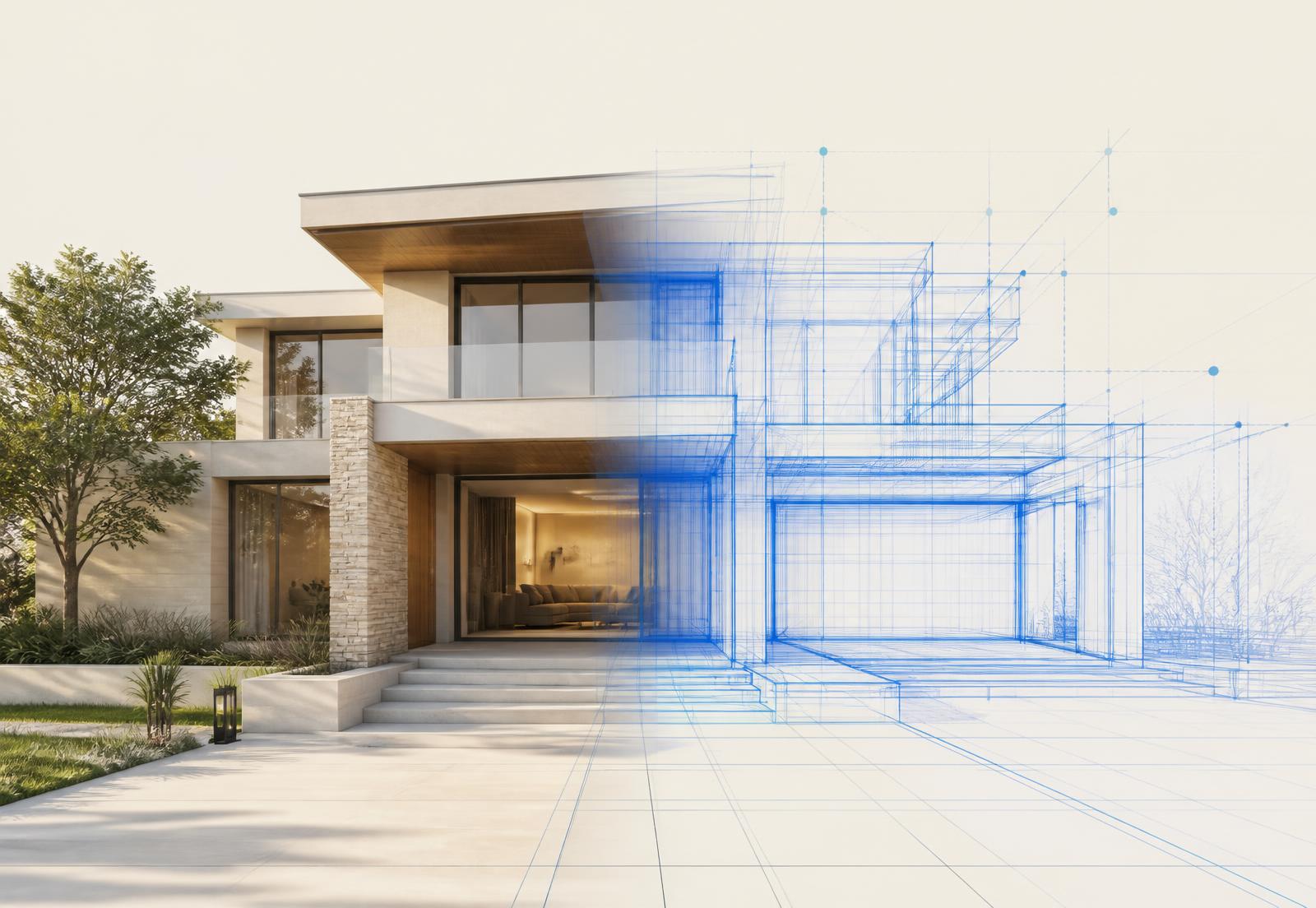 A modern home rendered as daylight photography on the left, dissolving into a blue architectural wireframe and spatial mesh on the right.